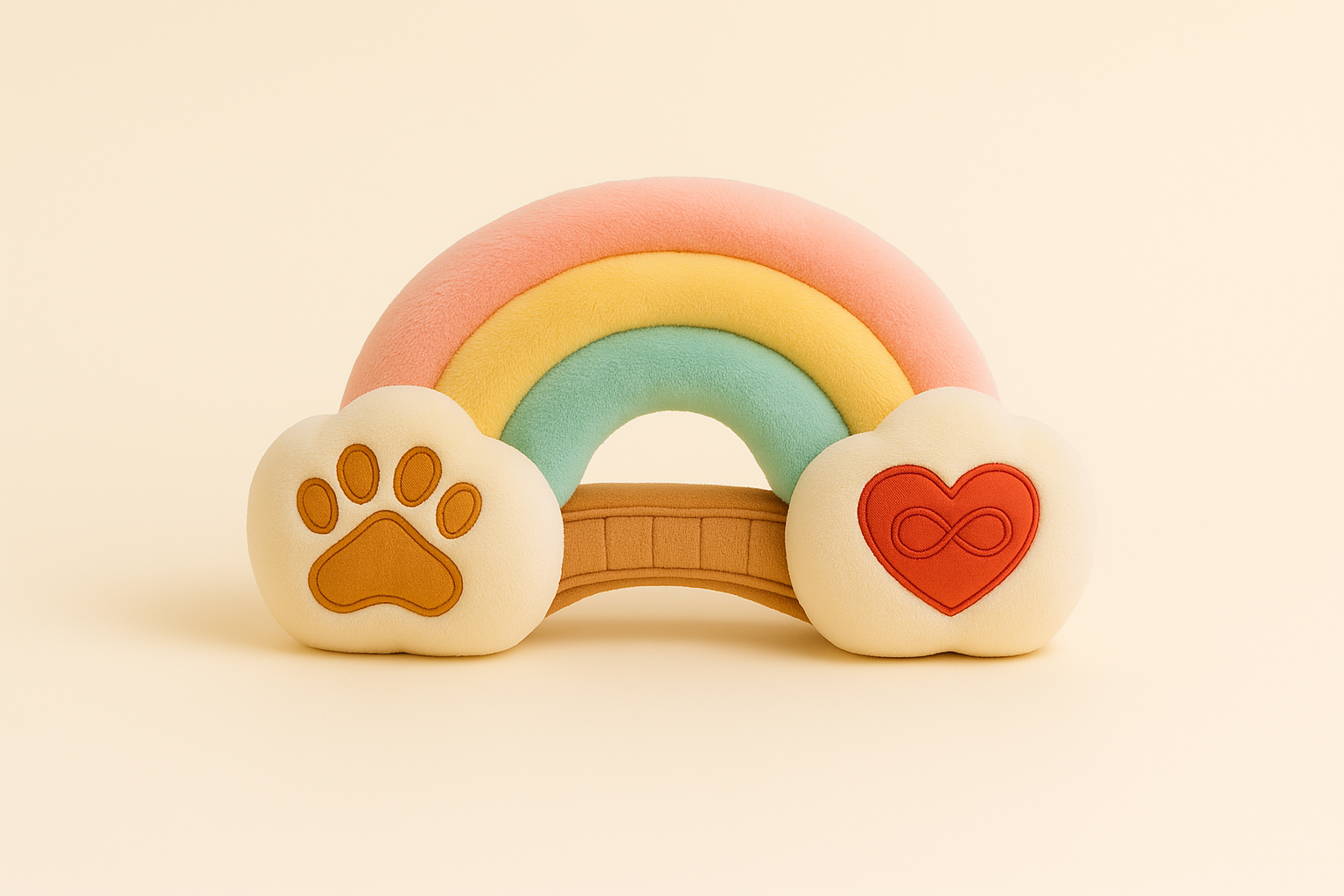 Rainbow Bridge Stuffies plush rainbow bridge toy with paw print and heart infinity symbol.