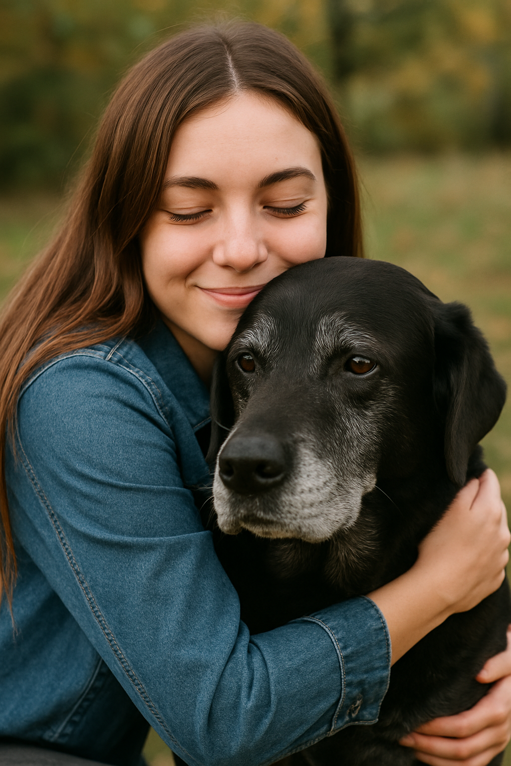 Young woman hugging her senior dog in a peaceful outdoor setting.